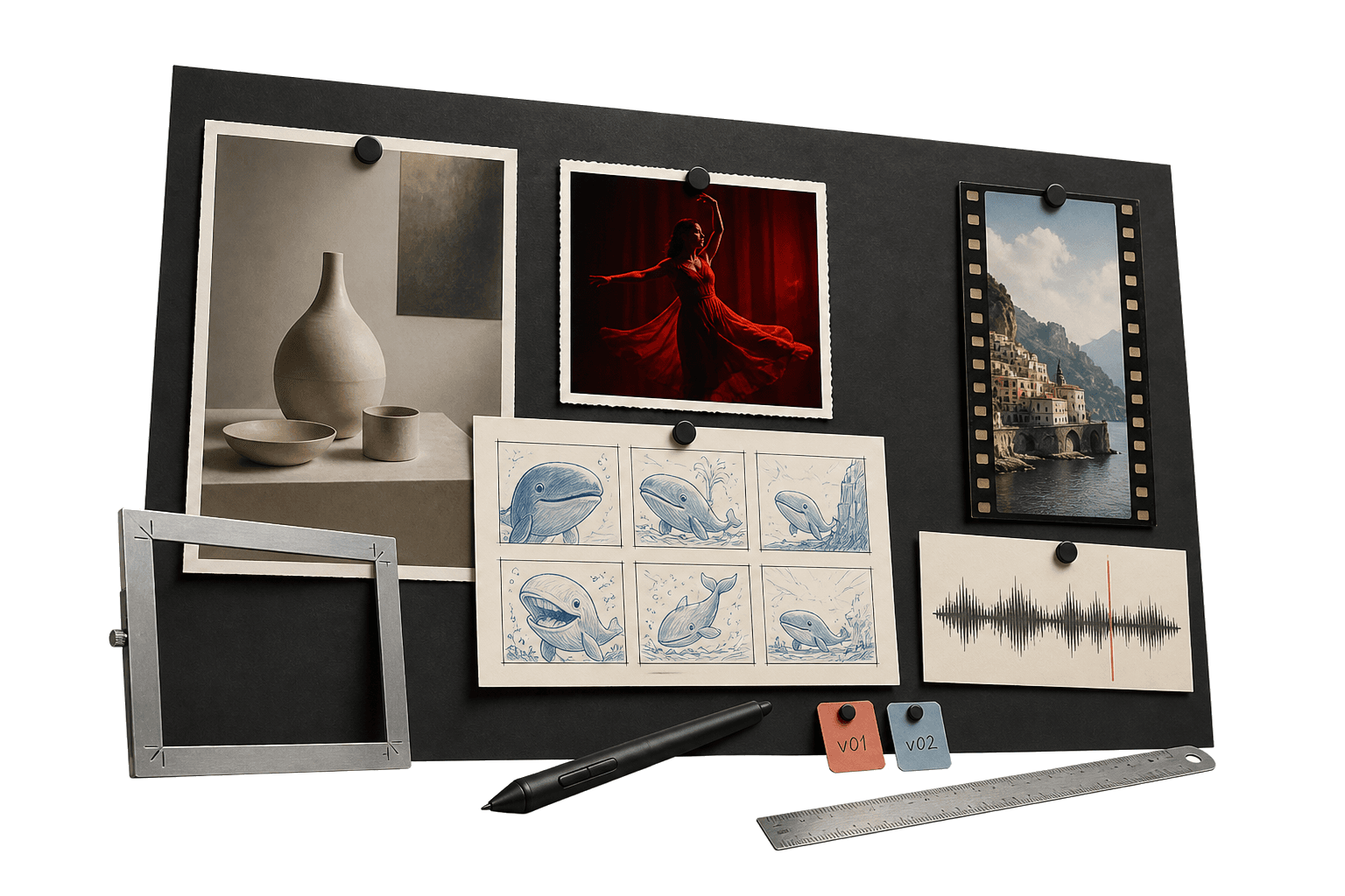 Conceptual infinite canvas collage made from mixed media frames, a storyboard, audio, and editing tools